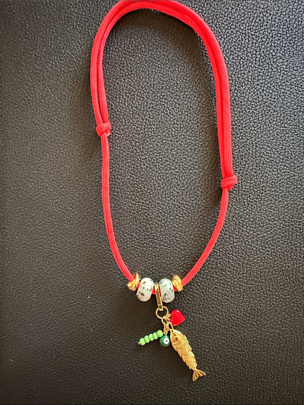 Red Cord Necklace with Gold Fish Charm and Beaded Accents